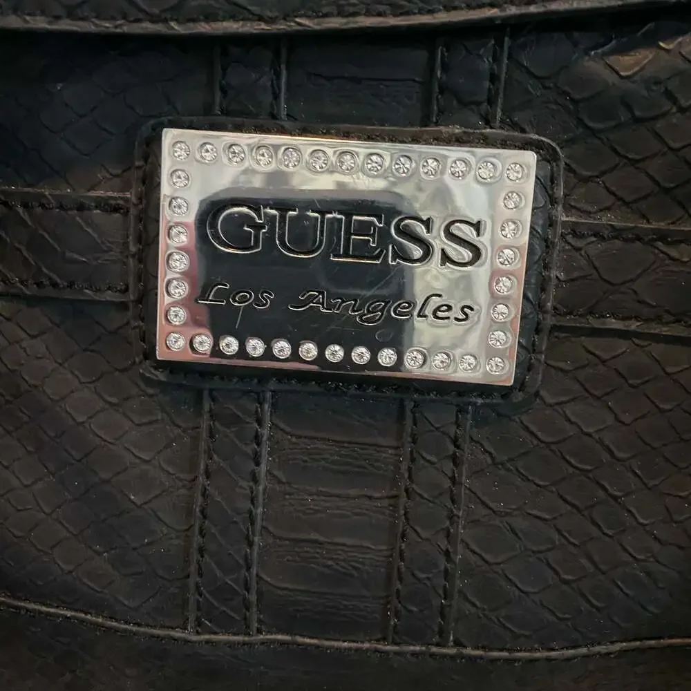 Guess Los Angeles Black Faux Python Embossed Satchel Handbag Y2K